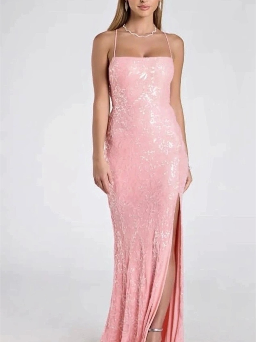 Windsor Valery Formal Sequin Square Neck Long Dress Coral Pink Maxi Dress